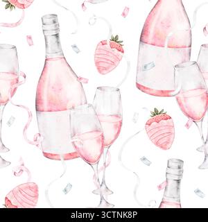 Nahtloses Aquarellmuster mit Flaschen Rosenwein, Gläsern, Erdbeeren und Herzen. Elegantes romantisches Design für Valentinstag c Stockfoto