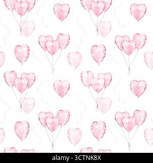 Nahtloses Aquarellmuster mit pinkfarbenen Herzballons, die an Strings gebunden sind. Leichte romantische Komposition für Valentinskarten, Geschenkverpackungen, Textil Stockfoto