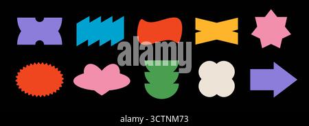 Farbenfrohe abstrakte Sticker Shape Kollektion. Set mit Randelementen im Retro-Pop-Art-Stil. Helles, grooviges geometrisches Objektpaket für Patch, Abzeichen, Tag, Etikett, Banner, Poster, Aufkleber. Vektor-Paket mit verschiedenen Frames Stock Vektor
