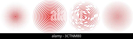 Roter radialer konzentrischer Kreis. Gekräuselte, gestrichelte und gepunktete Ringe für Epizentrum, Ziel, Radar und Erdbeben-Schockwellen-Symbole. Erfassung von Schallwellensignalen. Vektorausdehnende Vibrationselemente Stock Vektor