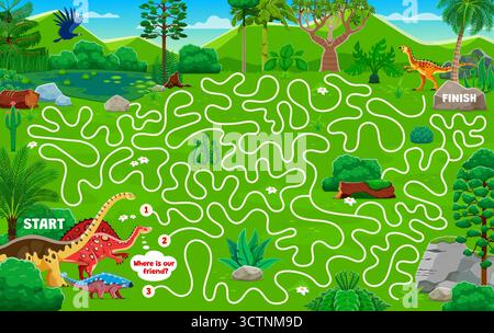 Kinder Labyrinth Labyrinth Spiel Arbeitsblatt mit lustigen Dinosauriern. Labyrinth-Spiel-Vektor-Arbeitsblatt, Suchpfad-Labyrinth oder Quiz. Im prähistorischen Dschungel-Regenwald findest du ein Rätsel mit niedlichen Dinosauriern Stock Vektor