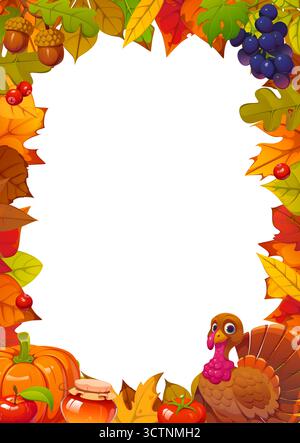 Happy Thanksgiving Day Grußkarte mit Rahmen von Cartoon truthahn Charakter und Herbsternte, Vektorbanner. Eicheln, Kürbisse und Beeren mit Honig und Herbstblättern bilden den Rahmen für Thanksgiving-Feiertage Stock Vektor