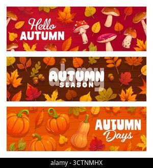 Hallo Herbst Banner mit fallenden Blättern, Beeren und Pilzen, Eicheln und Kürbissen. Zeichentrickvektor saisonale festliche horizontale Karten oder Header mit Herbsternte auf rustikalen hölzernen Hintergründen Stock Vektor
