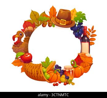 Thanksgiving-Banner, runder Rahmen mit Herbstblättern, Kornukopie und lustiger truthahn, Cartoon-Vektor. Thanksgiving-Feiertagsbanner mit Pilgermütze, Kürbissen und Obsternte, Eicheln und Wein im Rahmen Stock Vektor
