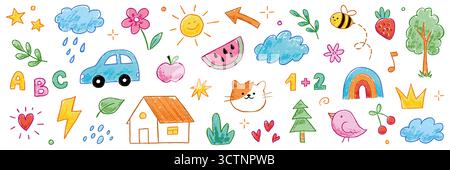 Kid Buntstift Zeichnung Hand gezeichnet netter kindlicher Hintergrund. Buntstift-Streich Kritzelblume, Zeichentricksonne, Regenbogenstrickelemente. Kinderstil süßer Stern, Baum, Herzformen. Vektorabbildung Stock Vektor