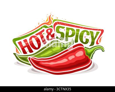 Vektor-Logo für heiß und würzig, horizontales Poster mit Cartoon Design Paar heiße Chili Paprika, brennende dekorative Blüten und einzigartige Pinselbuchstaben Stock Vektor