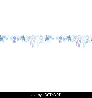 Nahtloser Rand. Pflanzen Sie Zweige mit Blumen. Blau. Aquarell. Stockfoto
