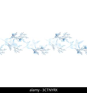 Nahtloser Rand. Pflanzen Sie Zweige mit Blumen. Blau. Aquarell. Stockfoto