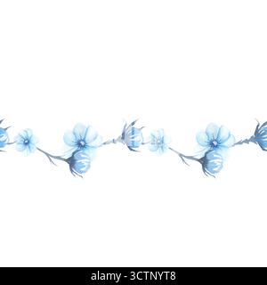 Nahtloser Rand. Pflanzen Sie Zweige mit Blumen. Blau. Aquarell. Stockfoto