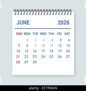 Kalenderseite Juni 2026 mit Datum und Tagen Stock Vektor