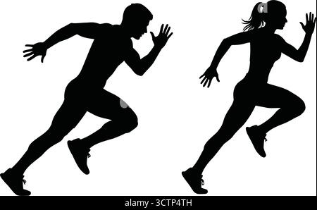 Dynamische Silhouetten von Läuferinnen und Läufern im Vollsprint, ideal für Fitness, Sport und aktive Lifestyle-Designs Stock Vektor