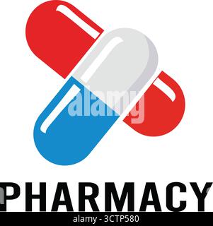 Ein Apothekenlogo mit roten und blauen Kapselpillen, das Medizin-, Gesundheits- und pharmazeutische Dienstleistungen repräsentiert Stock Vektor