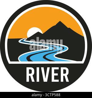 Ein landschaftlich reizvolles Rundabzeichen mit einem Fluss, der bei Sonnenuntergang durch die Berge fließt, perfekt für Outdoor- und Naturthemen. Stock Vektor