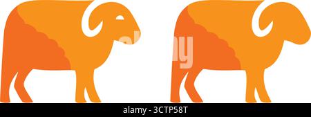 Zwei gestylte orangene Widder mit auffälligen Hörnern, die nach rechts in einem minimalistischen Design zeigen und die Stärke und das Leben auf dem Bauernhof symbolisieren Stock Vektor