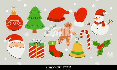 Weihnachtshintergrund mit Geschenken und Dekorationen festliche Feiertagsymbole. Stock Vektor