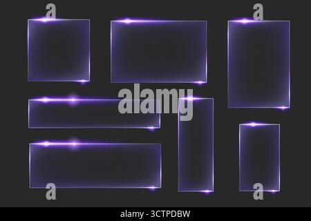 Neonglas-Rahmenset mit violetten leuchtenden Rändern und dunklen transparenten Platten für UI-Elemente. Quadratische und rechteckige Formen mit leuchtenden Kanten und hellen Highlights. Moderne Bedienfelder. Stock Vektor