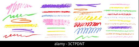 Farbkreide Kritzellinien auf weißem Hintergrund. Vektor-realistische Illustration von bunten Markierungen oder Bleistiftkritzeln, dünnen und dicken Pinselstrichen mit körniger Textur, handgezeichneten Kritzeleien Stock Vektor