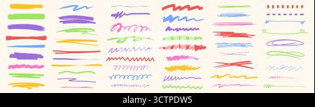 Buntes Buntstift-Streifenset mit handgezeichneten Regenbogenmarkierungen und verspielten Kritzeleien für Kinder. Pinsel-Texturen mit gewellten, Zick-Zack- und geraden Mustern für Schule oder kreatives Unterrichtsmaterial Stock Vektor