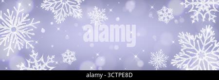 Silberner Glitzer-Schneeflockenrand mit violettem Bokeh bg für Winterfeiern - weiße Kristalleismuster und funkelnde Sterne. Festlicher Feiertagsrahmen mit weichem Verlauf und magischem Schimmer-Effekt Stock Vektor