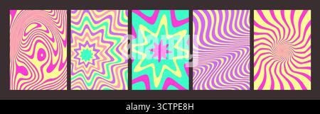 Kollektion mit hypnotischen Retro-Mustern in Farben mit psychedelischen Designs – neonrosa, gelbe und grüne Wirbel, Starburst-Strahlen, wellige Linien für Poster oder Hintergründe. Lebendiges, grooviges Vintage-Artwork-Set. Stock Vektor