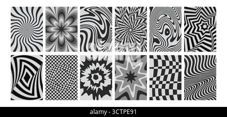 Hypnotische Retro-OP-Art-Muster mit geometrischen Designs in Schwarz und weiß für Hintergründe. Psychedelische optische Illusionen mit Wirbeln und Schachbrettmuster, Wellen und Sternformen. Abstrakte Vintage-Poster Stock Vektor