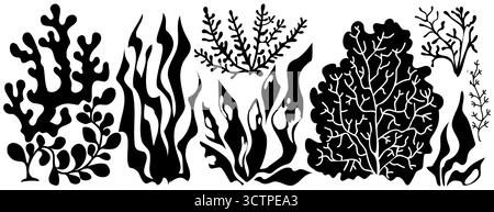 Schwarze Korallensilhouetten mit Algen und organischer Unterwasserflora für Meeresdesign. Botanische Meeresformen mit Seetang, Meerespflanzen und Rifftexturen. Aquatische Naturelemente für Tauchgrafiken. Stock Vektor