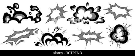 Wolken mit explosivem Manga-Effekt in Schwarz und weiß mit dynamischen Burst-Mustern für Actionszenen. Rauchpuffs im Comic-Stil, Explosionen und Pow-Symbole. Japanische Comic-Battle-Grafiken. Stock Vektor