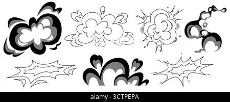 Wolken mit explosivem Manga-Effekt in Schwarz und weiß mit dynamischen Burst-Mustern für Actionszenen. Rauchpuffs im Comic-Stil, Explosionen und Pow-Symbole. Japanische Comic-Battle-Grafiken. Stock Vektor