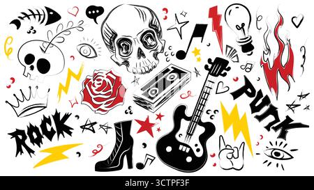 Angesagte Punkrock-Doodle-Kollektion mit Totenkopf und Rose, Gitarre und rebellischen Symbolen für alternative Designs oder Musikkunstwerke. Schwarze Street-Art-Elemente für Poster, Aufkleber oder Bandartikel. Stock Vektor