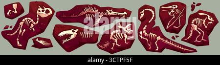 Antike Dinosaurier-fossile Skelettfragmente, eingebettet in braune Steinplatten für archäologische Entdeckungen. Tyrannosaurus-, Pterodactyl- und Stegosaurus-Knochen im Boden. Paläontologische Ausgrabungsfunde für Museum Stock Vektor