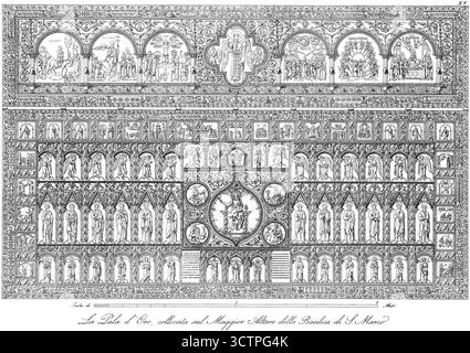 Die sogenannte Pala d’Oro, ein goldenes Vortepedium, das sich heute auf der Rückseite des Hauptaltars der Basilika San Marco in Venedig (Venedig, Venedig usw.) in Italien befindet. Ein gutes Foto dieser subtilen Arbeit zu machen ist sehr schwierig; diese Zeichnung liefert ein detailliertes Bild. Stockfoto