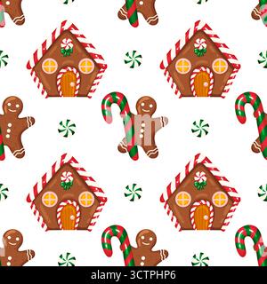 Herrliches, nahtloses Muster mit Lebkuchenhäusern, lächelnden Lebkuchenmännern mit Zuckerstangen und Pfefferminzbonbons. Perfekt zum Einwickeln von Papier, Stock Vektor