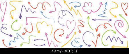 Bunte Buntstift-Pfeilkollektion mit handgezeichneter Textur in Pastellfarben. Stock Vektor