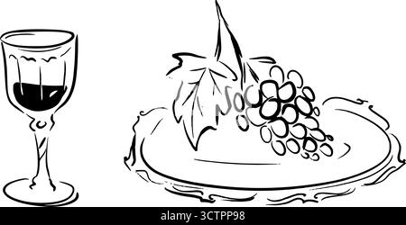 Weinglas und Teller mit Trauben. Illustration von Vektorlinien im schnellen, skurrilen Skizzenstil. Ideal für Weinkellereien, Restaurantmenüs, Ele Stock Vektor