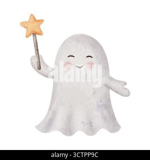 Niedlicher Halloween-Geist mit Zauberstab oder Lutscher auf einem Stab in Sternform. Handgemalter glücklicher Geist isoliert auf weiß. Perfekt für Stockfoto