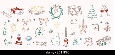 Retro-witzige Doodle-Elemente für das Weihnachtsessen mit Speisen, Getränken, Bögen, Kerzen, Baum, Kranz und festliche Ikonen. Handgezeichnetes Feiertags-Clipart-Set für Stock Vektor