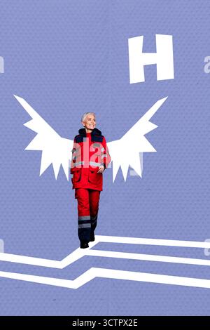Vertikales Banner 3D Poster Bild Foto Collage der ernsthaften alten Frau Arzt Arbeiter Hilfe Flügel erste Notfall Schicht Beruf Stockfoto