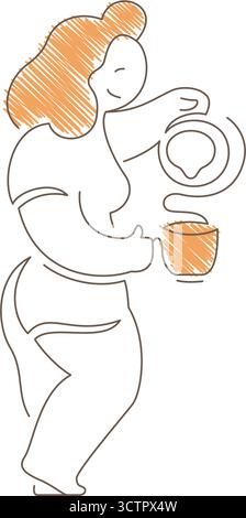 Minimalistische Stylenkunst-Illustration einer entspannten Frau, die Kaffee ausgießt. Mit einfachen Konturen, orangefarbenen Akzenten auf Haaren und Utensilien und einem isolierten des Stock Vektor