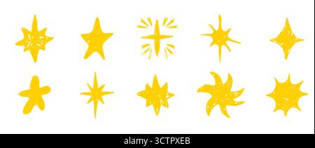 Sternkreide Kreidestift handgezeichnet Scribble Sketch oder Doodle Design Element. Strukturierte Glitzerfigur Schulkritzel bg. Buntstift blinkt, Feuerwerk, Glitzersilhouette und leuchtende Symbole. Vektorabbildung Stock Vektor