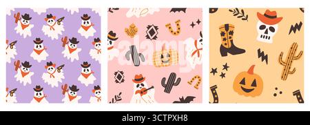 Halloween Cowboy Geister Nahtloses Muster Niedliches Set Stock Vektor
