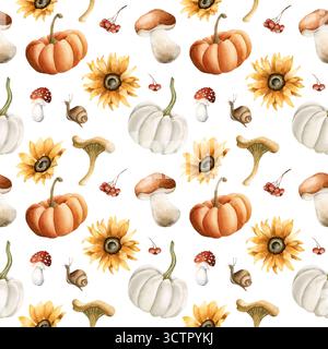 Kürbisse Sonnenblumen Pilze Beeren. Aquarell handgemalt florale Wald nahtloses Muster auf weißem Hintergrund Herbstdesign gemütliche Herbstdrucke niedlich Stockfoto