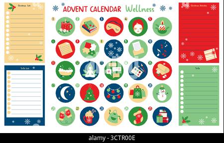 Adventskalender Wellness. Dezember. Countdown Weihnachten. Isolierte Vorlage Weihnachtszahlen fröhliche Runde Aufkleber Symbol mit sich selbst-Pflege-Symbolen und Stock Vektor