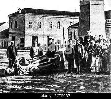 Seite aus Le Miroir, 30. Januar 1916. Serbisches Denkmal stürzte nach bulgarischer Besatzung in Leskovatz. Statuen und Symbole serbischer Identität wurden von den Besatzungskräften zerstört oder entfernt, um die lokale Kultur zu löschen und die bulgarische Herrschaft zu erzwingen. Das Bild zeigt kulturelle Unterdrückung und die absichtliche Zerschlagung der serbischen Nationalsymbole während der Balkankampagnen des Ersten Weltkriegs Stockfoto