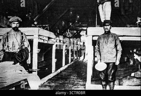 Ab Le Miroir, 30. Januar 1916. Das Innere einer deutschen Kriegsgefangenenbaracke mit engen Holzbetten, die von alliierten Gefangenen benutzt wurden. Obwohl die deutsche Propaganda die Lagerorganisation betonte, beschrieb sie schlechte Hygiene, Überfüllung und unzureichende Luftzirkulation. Das Foto zeigt die harten Bedingungen, denen Gefangene während des Ersten Weltkriegs gegenüberstanden, und spiegelt sowohl körperliche Not als auch Vernachlässigung in Kriegsgefangenenlagern wider. Stockfoto