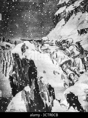 Illustration aus Le Miroir, 30. Januar 1916, die italienische Soldaten in einem Hörposten an der Isonzo-Front während des Ersten Weltkriegs zeigt, gezeichnet von R. Bertl, zeigt das Bild Truppen in starkem Schnee, getarnt in weißer Kleidung, die extreme Kälte bei Wachsamkeit aushalten. Die Isonzo-Front war eines der härtesten Bergtheatern des Krieges, wo italienische und österreichisch-ungarische Truppen wiederholte Schlachten unter eisigen alpinen Bedingungen kämpften. Stockfoto