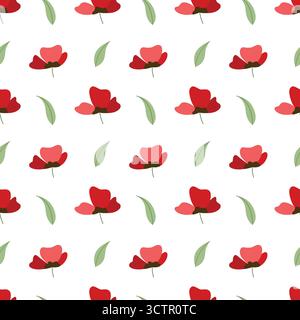 Niedliches nahtloses Blumenmuster mit roten Blumen und grünen Blättern, handgezeichnetes minimales Frühlingsdesign Stock Vektor