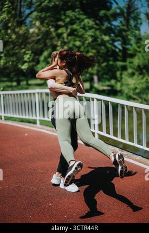 Zwei sportliche Frauen, die sich an einem sonnigen Tag fröhlich im Freien tummeln Stockfoto