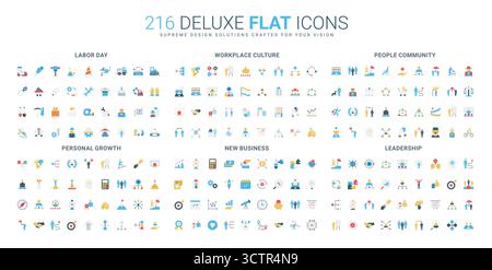 Umfassende Reihe von flachen Symbolen, die den Arbeitstag, die Kultur am Arbeitsplatz, die Gemeinschaft, das persönliche Wachstum, neue Geschäfte, und Führungskonzepte isolierte Vektor-Illustration Stock Vektor