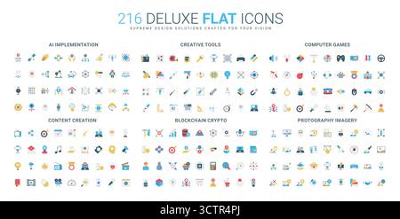 Die moderne Flat Icon-Kollektion umfasst KI, kreative Tools, Computerspiele, Content-Erstellung, Blockchain-Krypto, und fotografische Bilder für digitale und technische Projekte isolierte Vektorillustration Stock Vektor