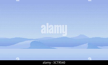 Gefrorene Pixel-Kunstlandschaft mit schneebedeckten Bergen und klarem Himmel Stock Vektor